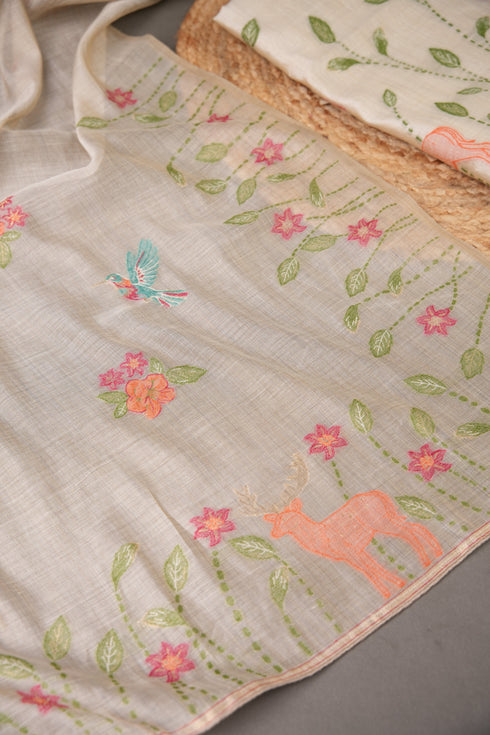 Conscious Couture Beige Muslin Cotton Pichwai Unstitched Suit Set